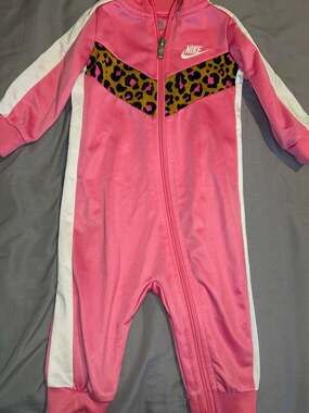 Nike Infant Girls Pink Leopard Print Tricot Full-Zip Coverall Tracksuit Romper